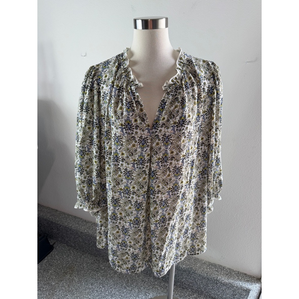 Max Studio Womens Plus 3X Floral Ruffle Neck Puff Sleeve Blouse Shirt Top